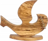 David's harp made of olive wood with a dove of peace pattern, handmade