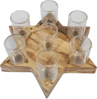 Olive wood menorah in the shape of a Star of David, with glass cups, handmade