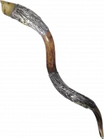 Polished kudu shofar, plated with silver and gold, with a pattern of a priest blowing a shofar, handmade_2