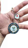 Rotating keychan with a memorah pattern and colorful Jerusalem walls around it